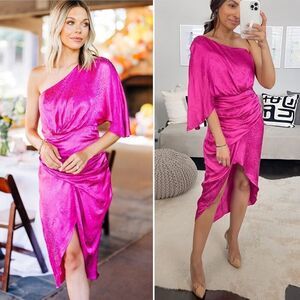 DO+BE Hot Pink One Shoulder Asymmetrical Satin Midi Cocktail Dress Size Small